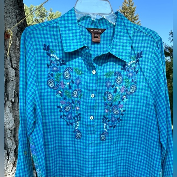 Multiples Paisley & Blue Linen Checkered Button Down Casual Blouse Womens Medium - Picture 14 of 17
